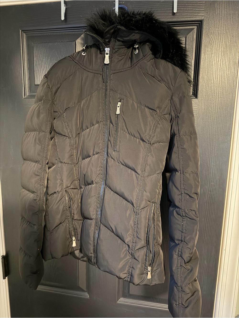 Calvin Klein Black Quilted Hooded Puffer Jacket with Faux Fur Trim